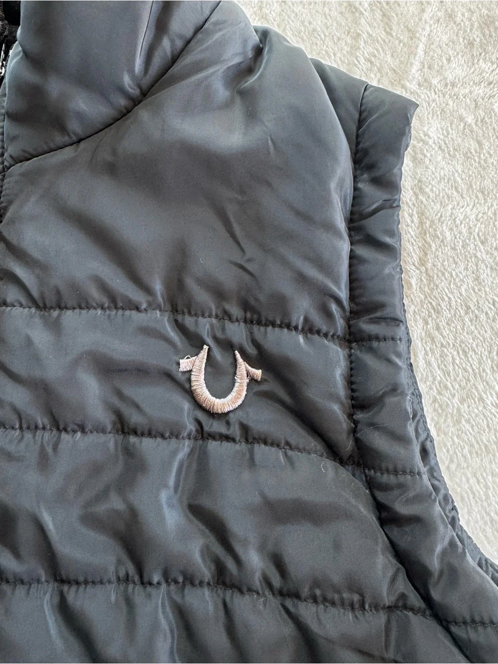 True Religion Black Quilted Puffer Vest with Gray Hood Lining